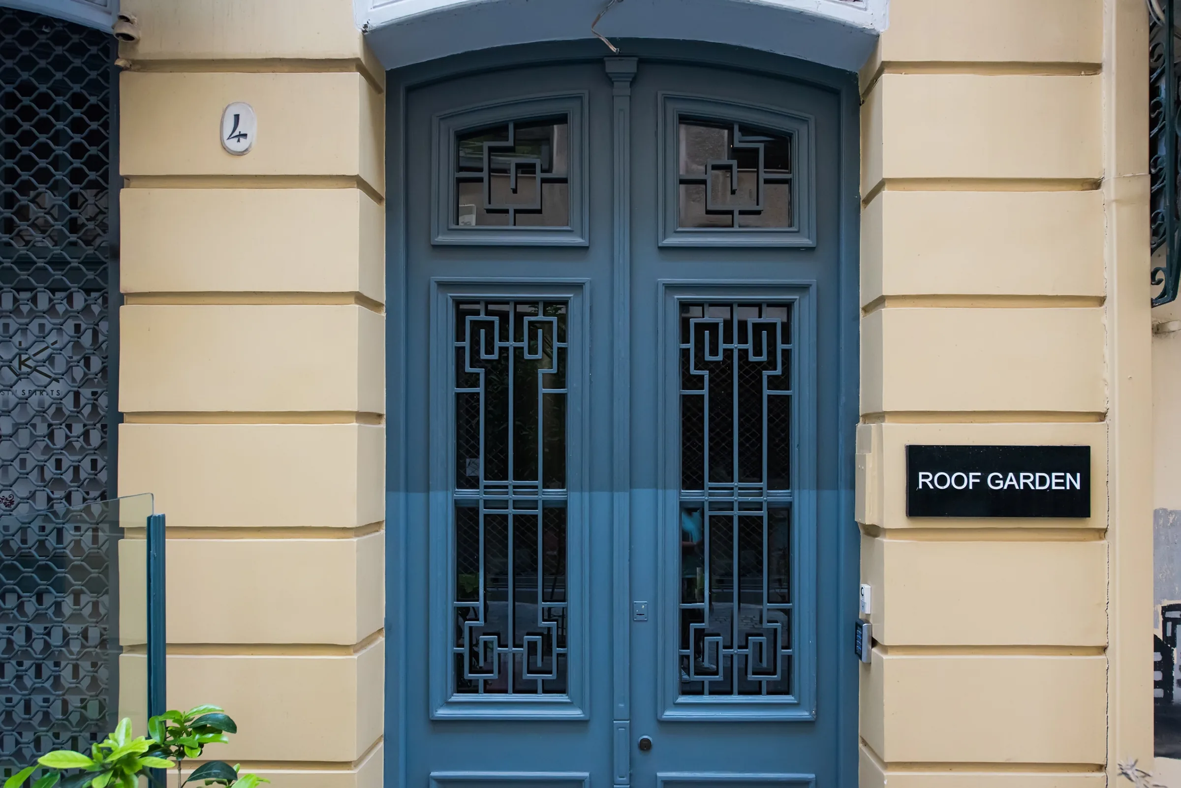 Historic blue entrance at MONK in Monastiraki