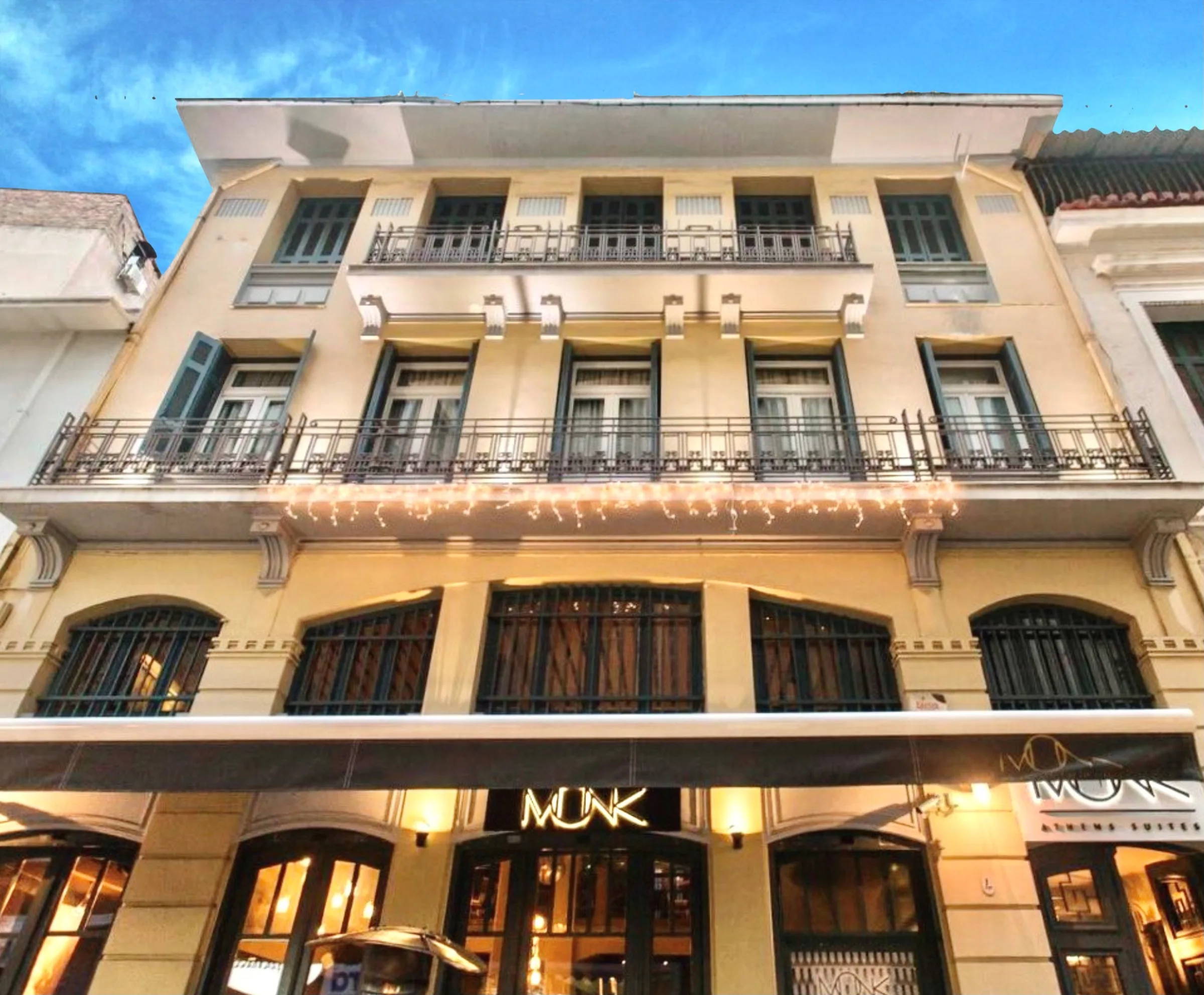 The neoclassical facade of MONK in Monastiraki